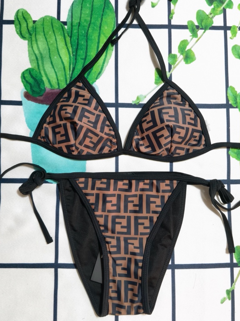 Fendi Brown & Black Ff Logo Triangle Bikini Set